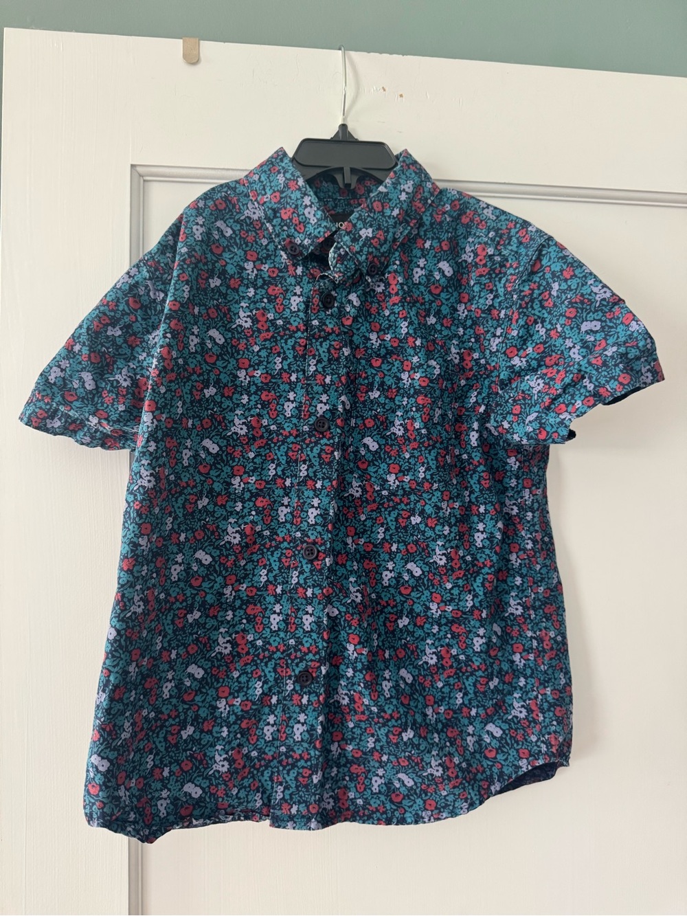 Kid’s Floral Short-Sleeve Shirt - Navy with Red & Light Blue Flowers